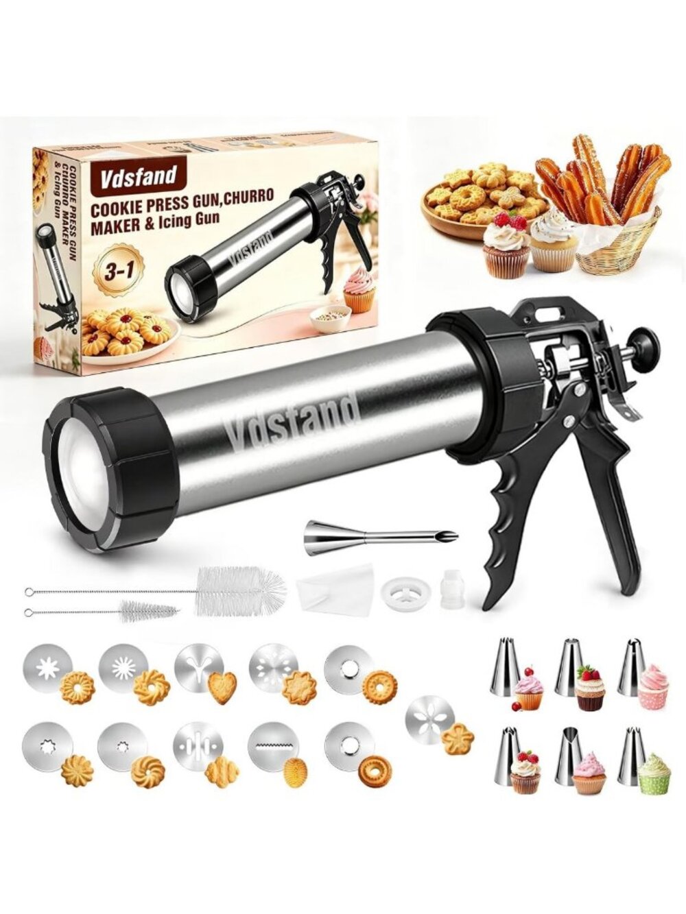Versatile 3-in-1 Cookie Press & Churro Maker - Stainless Steel Baking Tool